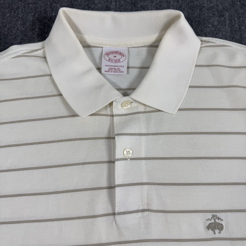 Brooks Brothers Men's Performance Polo Shirt M White Beige Stripe 100% Cotton